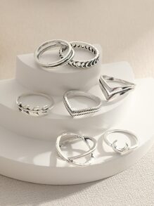 7pcs/set Vintage Style Multi-element Tree Leaf Ring Set, Personality Moon & Criss-cross & Simple Joint Ring