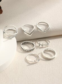 7pcs/set Vintage Style Multi-element Tree Leaf Ring Set, Personality Moon & Criss-cross & Simple Joint Ring