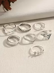 7pcs/set Vintage Style Multi-element Tree Leaf Ring Set, Personality Moon & Criss-cross & Simple Joint Ring