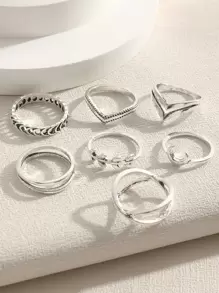 7pcs/set Vintage Style Multi-element Tree Leaf Ring Set, Personality Moon & Criss-cross & Simple Joint Ring