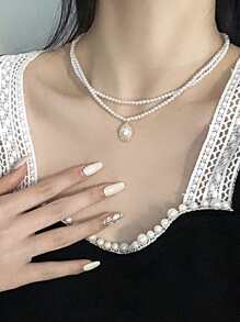 1入優雅復古的法式風格雙層假珍珠女項鍊 - 白色 - 查看 1