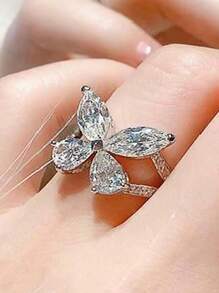 1PC Đá Cubic Zirconia Hình Giọt Nước Hình Bướm Trang Trí Nhẫn - Bạc - Xem 3