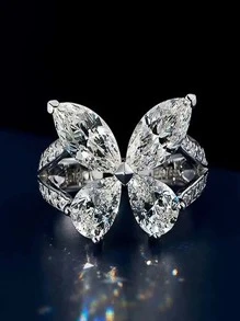 1PC Đá Cubic Zirconia Hình Giọt Nước Hình Bướm Trang Trí Nhẫn - Bạc - Xem 1
