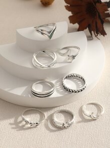 8入組/套鏤空太陽和月亮環,創意時尚幾何手指環帶星星,月亮,小麥鉚釘裝飾 - 銀色 - 查看 2