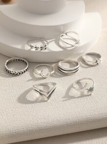 8入組/套鏤空太陽和月亮環,創意時尚幾何手指環帶星星,月亮,小麥鉚釘裝飾 - 銀色 - 查看 5