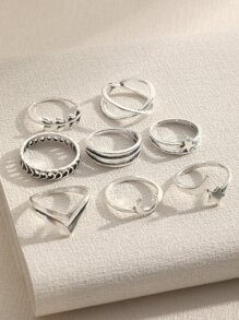 8入組/套鏤空太陽和月亮環,創意時尚幾何手指環帶星星,月亮,小麥鉚釘裝飾 - 銀色 - 查看 4