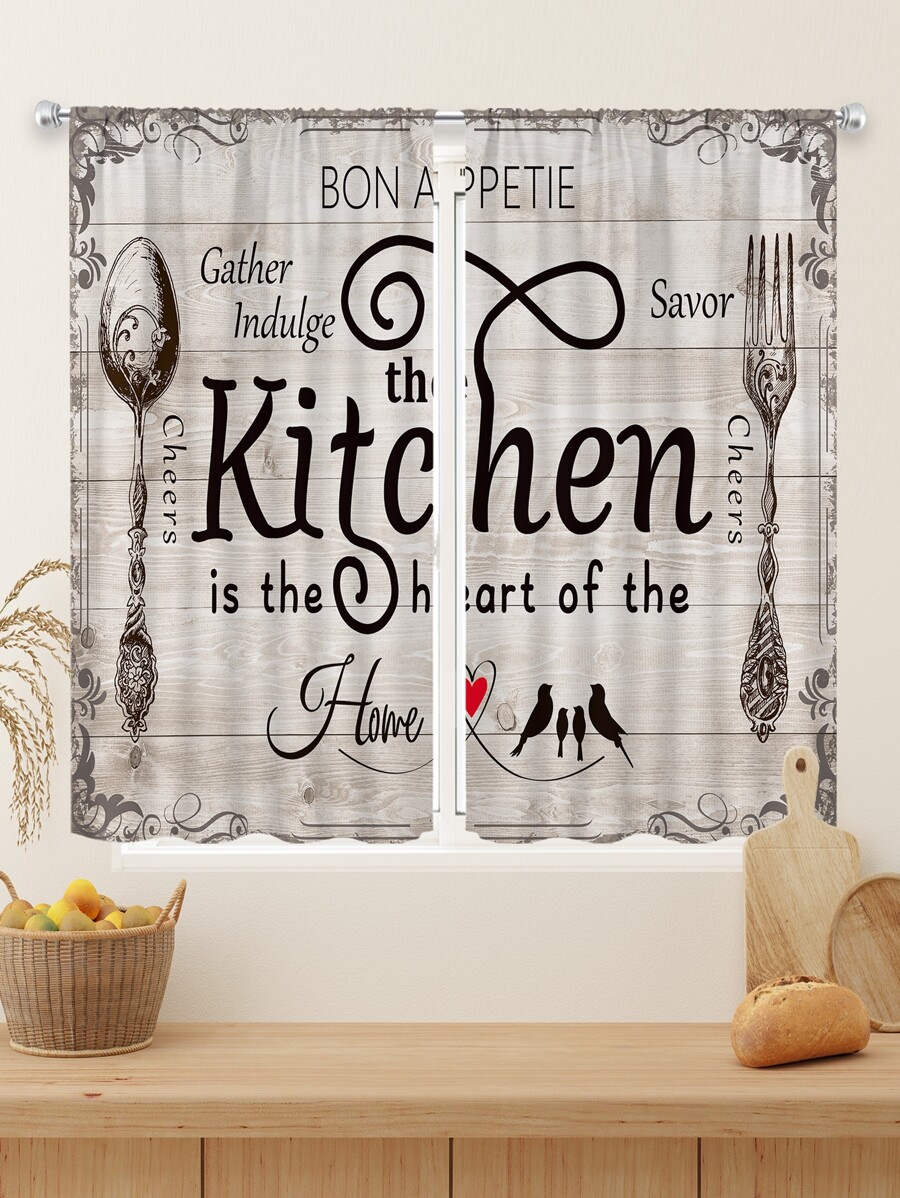 2pcs Retro European Style Knife And Fork Printed Rod Pocket Kitchen Curtain, 27.5*39in SHEIN USA