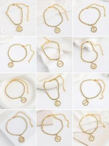 1入歐美風格豪華圓形鍊格空心十二星座鑲鑽單層腳鍊,女性日常佩戴 - 金黃色 - 查看 1