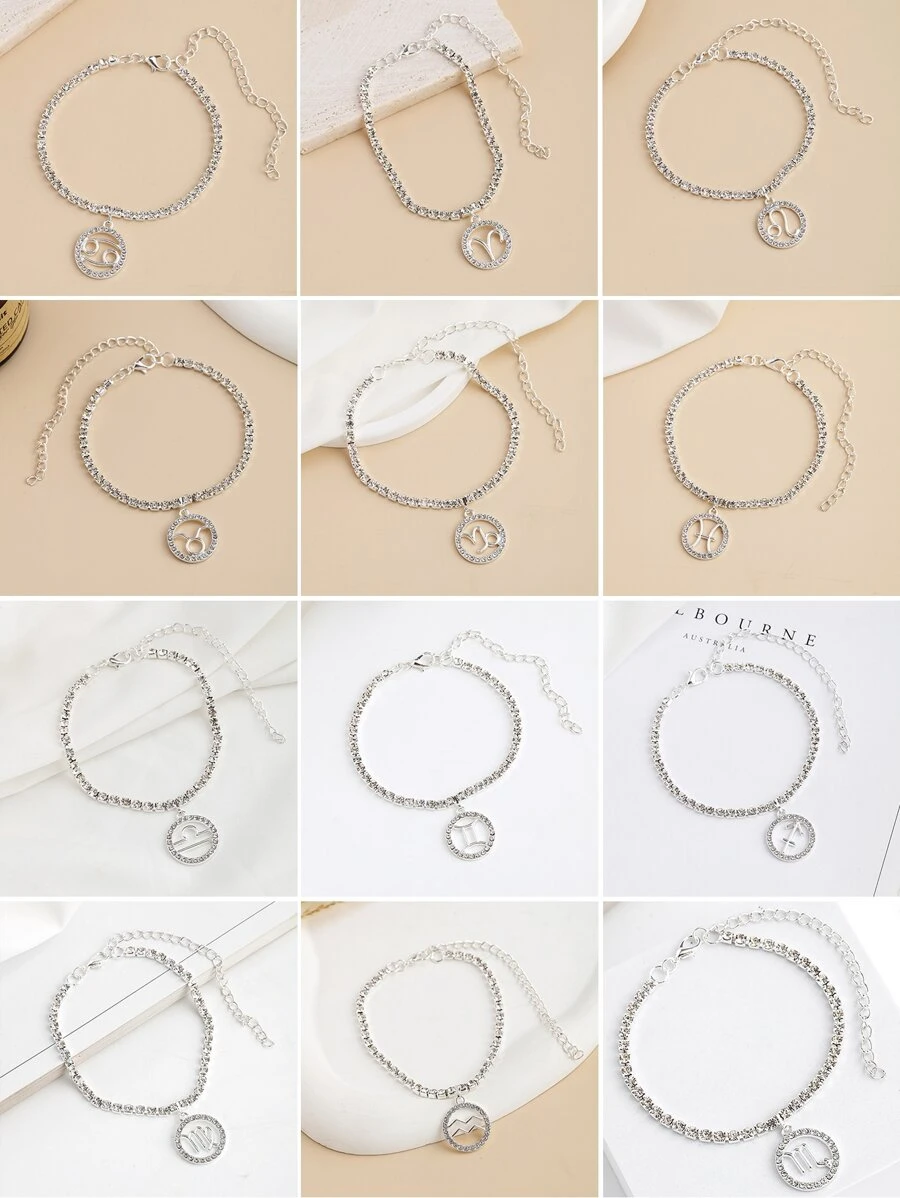 1pc European And American Fashion Luxury Round Hollow Out Zinc Alloy Zodiac Constellation Rhinestone Inlaid Single Layer Claw Chain Anklet For Women, Daily Wear - Silver - View 1