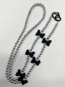 Nơ trang trí dây buộc điện thoại đính cườm - Bạc - Xem 3