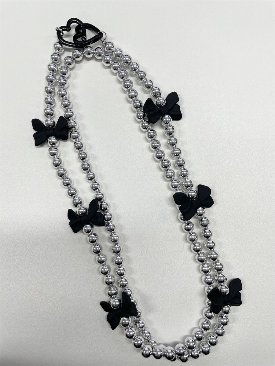 Nơ trang trí dây buộc điện thoại đính cườm - Bạc - Xem 1