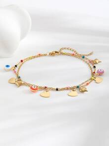 件彩色不銹鋼腳鍊，帶有惡魔之眼和心形吊飾，適合女式，非常適合海灘和派對，非常適合夏季日常穿著