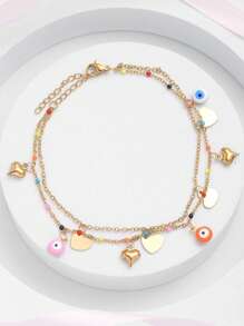 件彩色不銹鋼腳鍊，帶有惡魔之眼和心形吊飾，適合女式，非常適合海灘和派對，非常適合夏季日常穿著