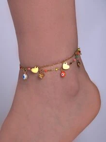 件彩色不銹鋼腳鍊，帶有惡魔之眼和心形吊飾，適合女式，非常適合海灘和派對，非常適合夏季日常穿著