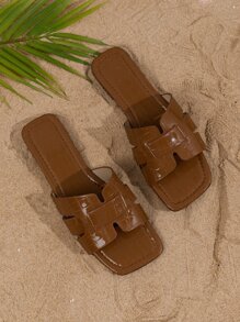 彈簧和夏日優雅和時尚棕色經典百搭露趾平底編織系列鱷魚紋拖鞋和涼鞋適合女士 - 棕色 - 查看 1