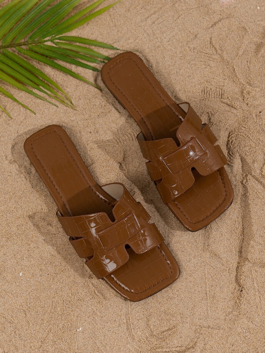 彈簧和夏日優雅和時尚棕色經典百搭露趾平底編織系列鱷魚紋拖鞋和涼鞋適合女士 - 棕色 - 查看 1