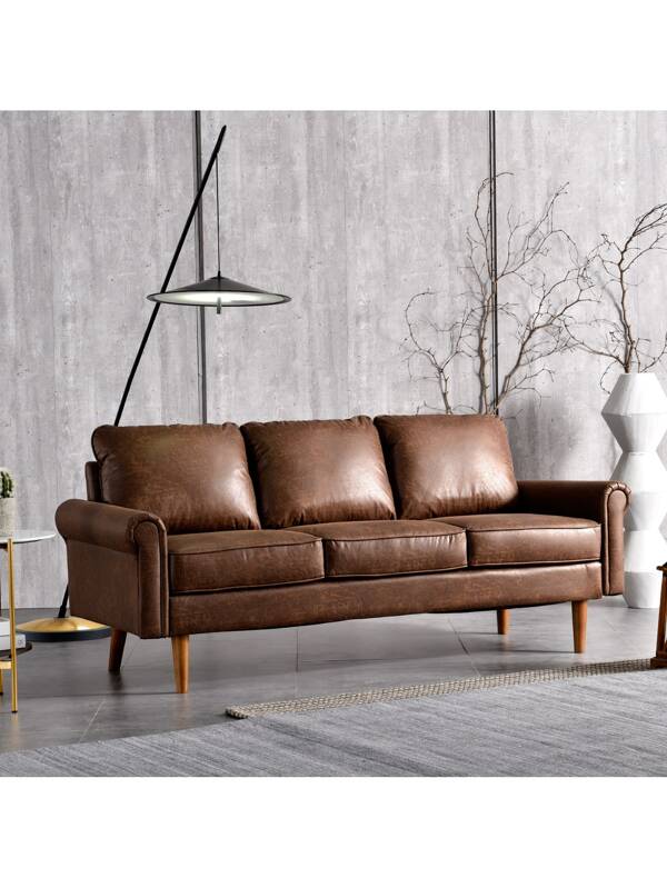 Ovios Rivet Aiden MidCentury Modern Faux Leather Loveseat Sofa with Square Arm and Wood Grain