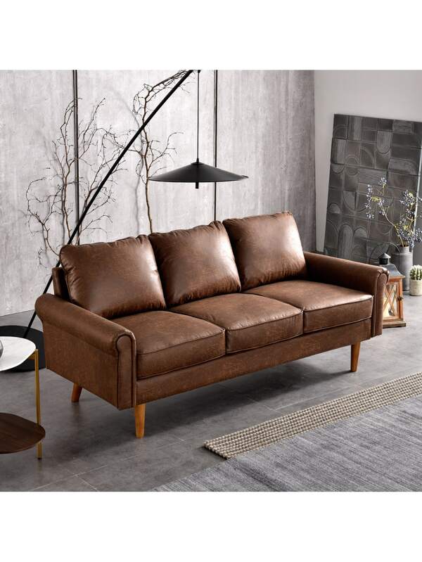 Ovios Rivet Aiden MidCentury Modern Faux Leather Loveseat Sofa with Square Arm and Wood Grain