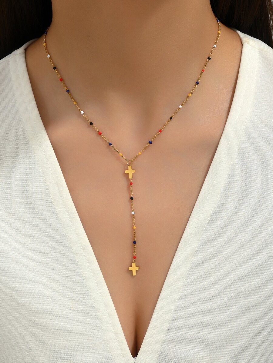 Trang trí hạt thời trang Cross Charm Y Lariat Vòng cổ cho phụ nữ để trang trí hàng ngày - Vàng - Xem 1