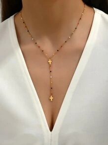 Trang trí hạt thời trang Cross Charm Y Lariat Vòng cổ cho phụ nữ để trang trí hàng ngày - Vàng - Xem 3