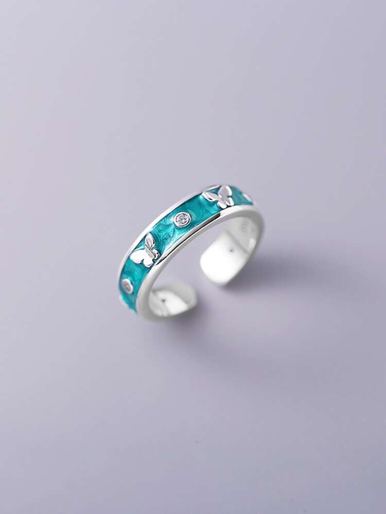 1 יחידה טבעת פרפר טיפה פשוטה ואופנתית לנשים, בסגנון מתוק עם עיצוב פתוח - טפטוף שמן ירוק טבעת פרפר - ראה 3