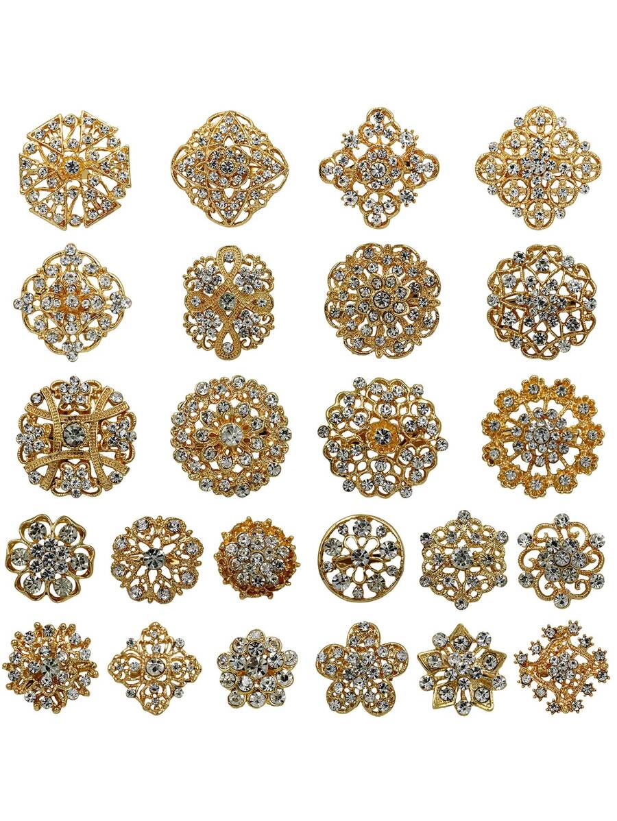 1套裝24入組優雅風格鑲鑽手握花胸針適用於服裝,節日禮物 - 金色 - 查看 1