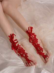 1雙紅色蕾絲鏤空花朵圖案絲帶赤腳涼鞋，新娘足部首飾，適合派對 - 紅色 - 查看 4