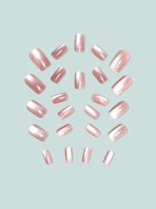 24入組淺色貓眼壓克力美甲，短棺型閃粉全套假指甲，光澤假甲套裝，美甲工具 - 彩色 - 查看 4