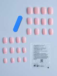 提升你的造型,使用24入簡單白色法式設計假指甲組,適用於女性日常工作穿著 - 粉色 - 查看 2