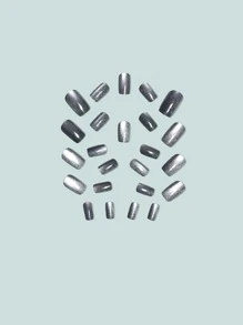 24入組曜石貓眼閃粉法式中等大小全套指甲貼，壓克力假指甲套裝，美甲用品 - 黑色 - 查看 4