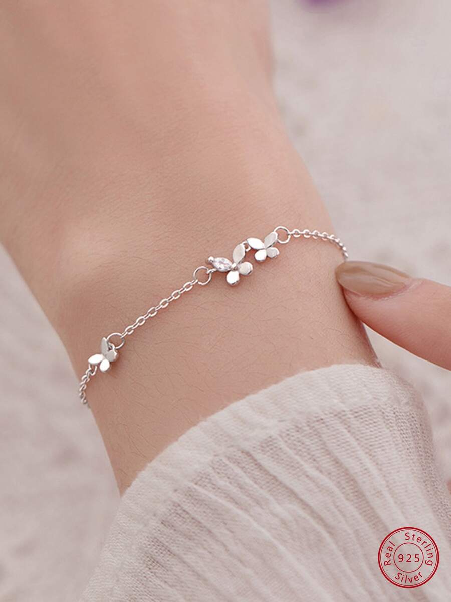 1入組S925純銀蝴蝶銀手鍊，女性時尚優雅花朵可調手鍊 - 銀色 - 查看 1