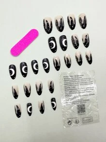 Upgrade Your Look with 24pcs Long Almond Black Fire Moon Pattern Fake Nail & 1pc Nail File & 1sheet Tape - Multicolor - View 2