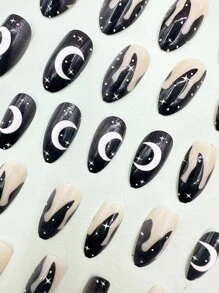 Upgrade Your Look with 24pcs Long Almond Black Fire Moon Pattern Fake Nail & 1pc Nail File & 1sheet Tape - Multicolor - View 3