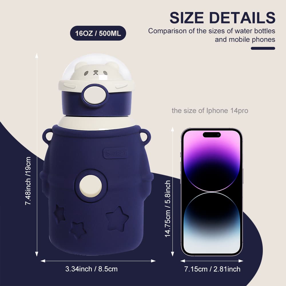 Mumutan 500ml真空保溫杯316不銹鋼，長期保溫，保持冷/熱，適用於冷飲、熱水等帶矽膠吸管，安全材質，不含雙酚A，帶手柄便於攜帶，可拆卸肩帶方便防塵防漏，適合學生和青少年具有排氣功能（按住蓋子按鈕3秒排出多餘氣體） - 藏蓝色 - 查看 4