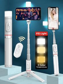 AXNEN （白色）便携式自拍杆三脚架，带可拆卸无线遥控器，可折叠伸缩迷你自拍杆和手机三脚架，带补光灯，适合旅行Vlog，兼容 14、13、11、12、11 Pro Max及其他智能手机 - 白色 - 查看 3