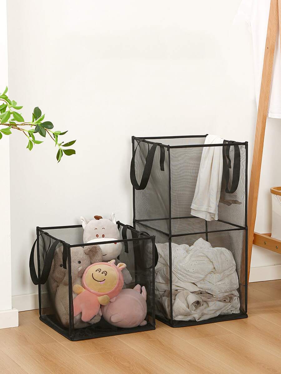 1入組黑色方形可折疊臟衣服籃子大線格臟衣服籃子浴室臟衣服收納籃便攜衣服臟衣服籃子 - 黑色 - 查看 1