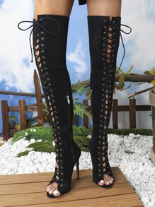 經典黑色時尚細帶過膝高跟靴 - 黑色 - 查看 1