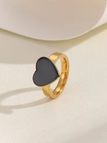 1入組不銹鋼簡約風黑色愛心形狀戒指適合女士,派對禮物 - 彩色 - 查看 1