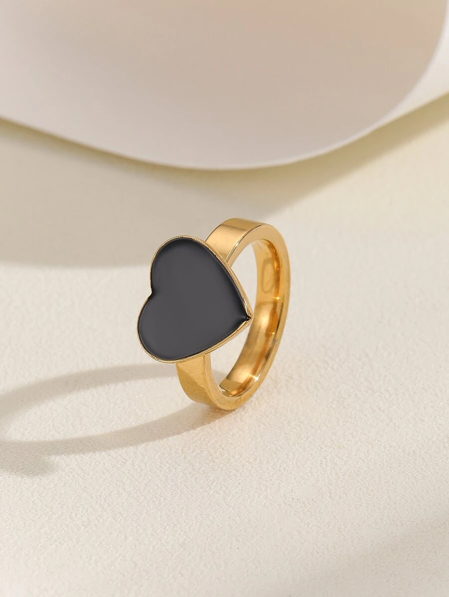 1入組不銹鋼簡約風黑色愛心形狀戒指適合女士,派對禮物 - 彩色 - 查看 1