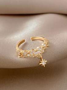 1入組時尚有創意設計星星和氧化鋯裝飾打開戒指帶吊墜 - 金黃色 - 查看 4