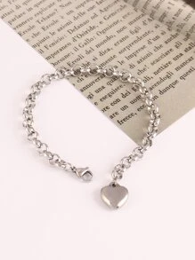 女士不锈钢心形手链，时尚心形吊坠手链，情人节饰品 - 銀色 - 查看 4