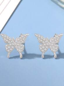 BALMORA 1pair Fresh Woodland Ins Style S925 Sterling Silver Butterfly Earrings With Shiny Diamond For Women, Party Gift For Friend - Silver - View 4