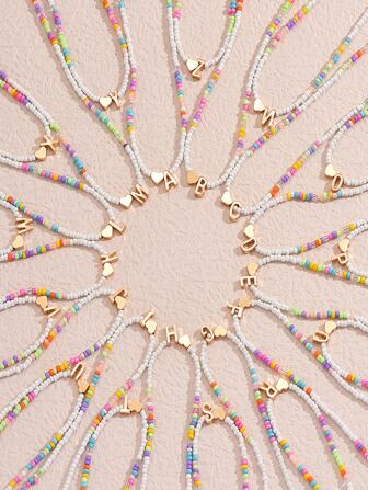 波西米亚风手工米珠项链26字母颈链锁骨链彩色女款沙滩女士项链饰品