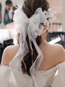 1 pieza Clip de pelo de novia de moda de gasa con moño, accesorio de pelo para damas de honor adecuado para cualquier vestido, fiesta de boda