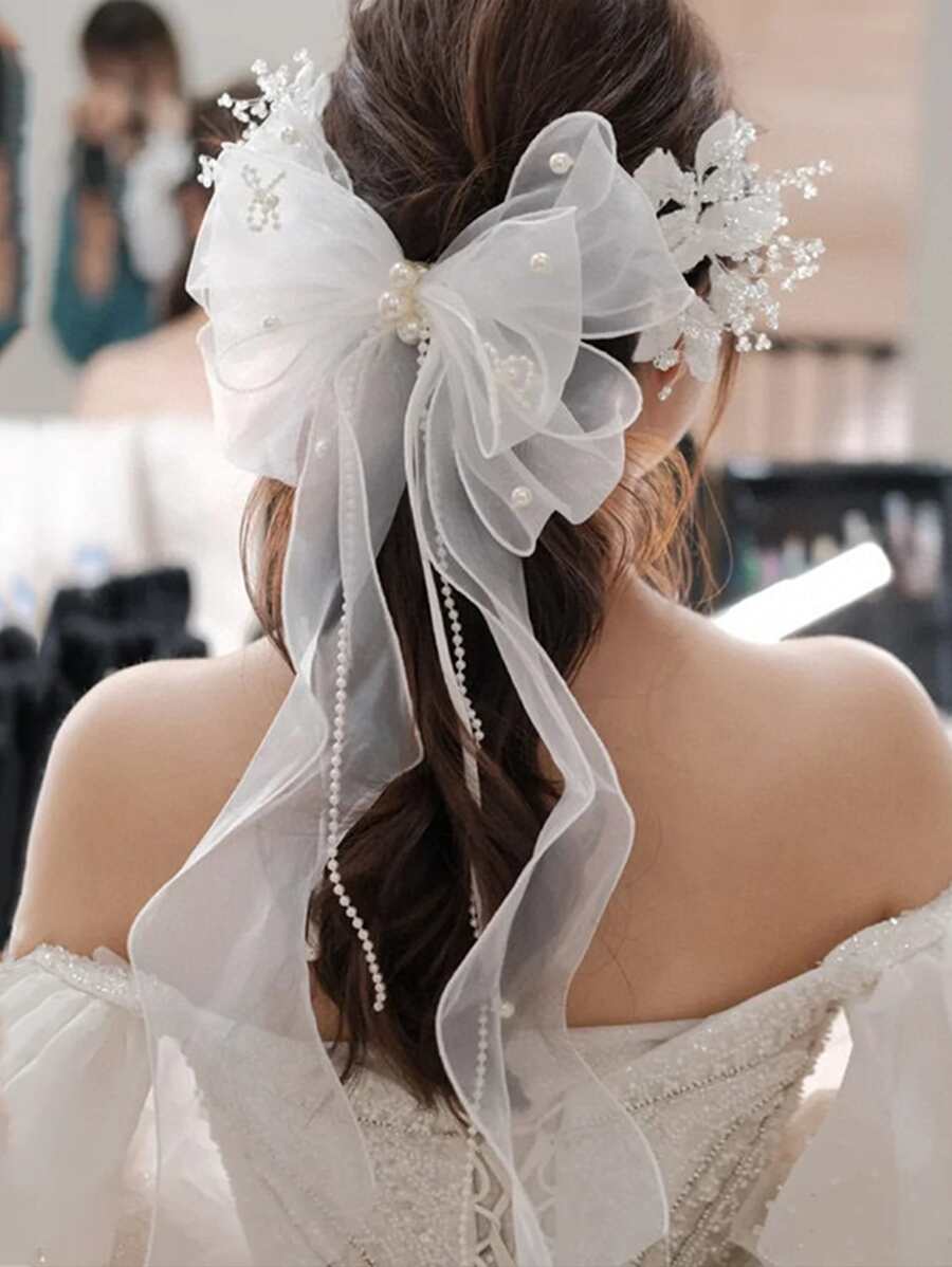 1 pieza Clip de pelo de novia de moda de gasa con moño, accesorio de pelo para damas de honor adecuado para cualquier vestido, fiesta de boda