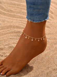 1入組波西米亞海灘風格水滴方晶鋯石裝飾腳鏈適合女士,度假約會禮物