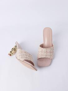 優雅杏涼鞋適合女士,格紋圖案高跟穆勒涼鞋 - 杏色 - 查看 7