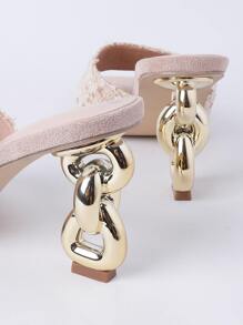 優雅杏涼鞋適合女士,格紋圖案高跟穆勒涼鞋 - 杏色 - 查看 8