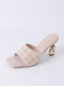 優雅杏涼鞋適合女士,格紋圖案高跟穆勒涼鞋 - 杏色 - 查看 10