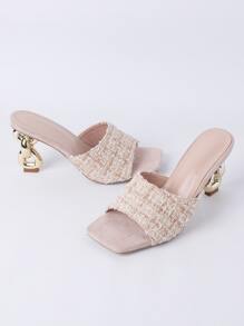 優雅杏涼鞋適合女士,格紋圖案高跟穆勒涼鞋 - 杏色 - 查看 11